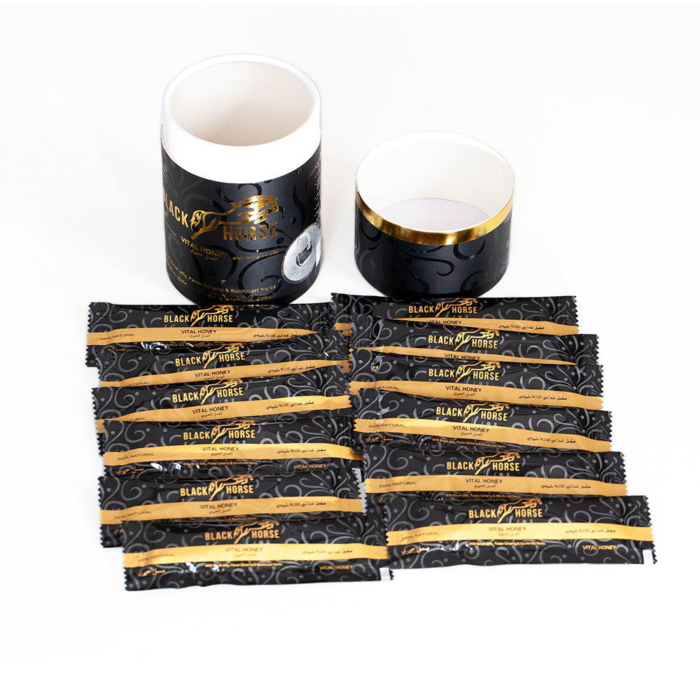 MIEL BLACK HORSE BOTE CON 12 SOBRES DE 20G NATURALES